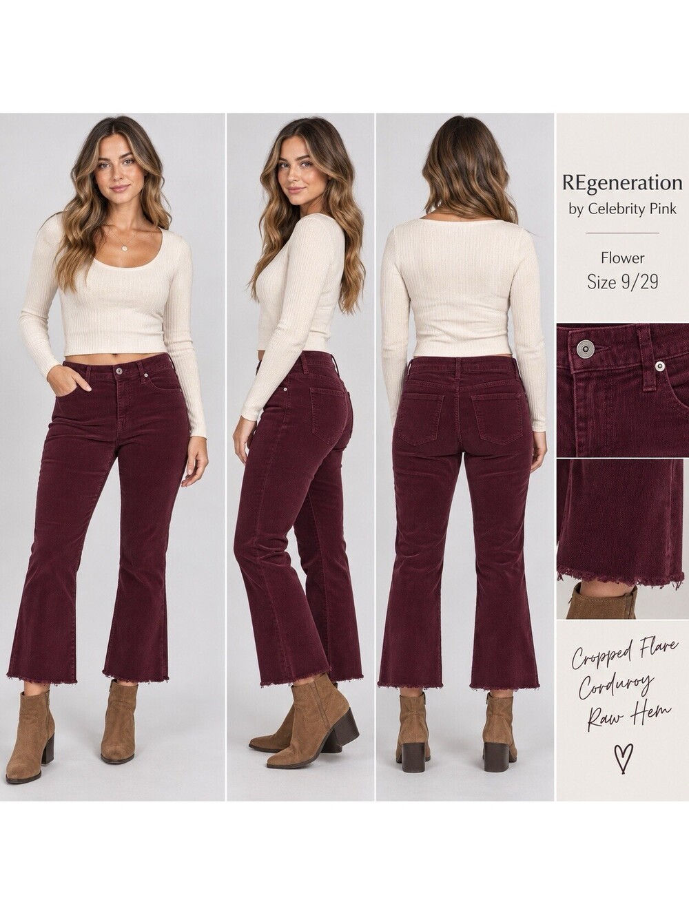 REgeneration Celebrity Pink Flower Corduroy Pants 9/29 Burgundy Crop Flare Raw